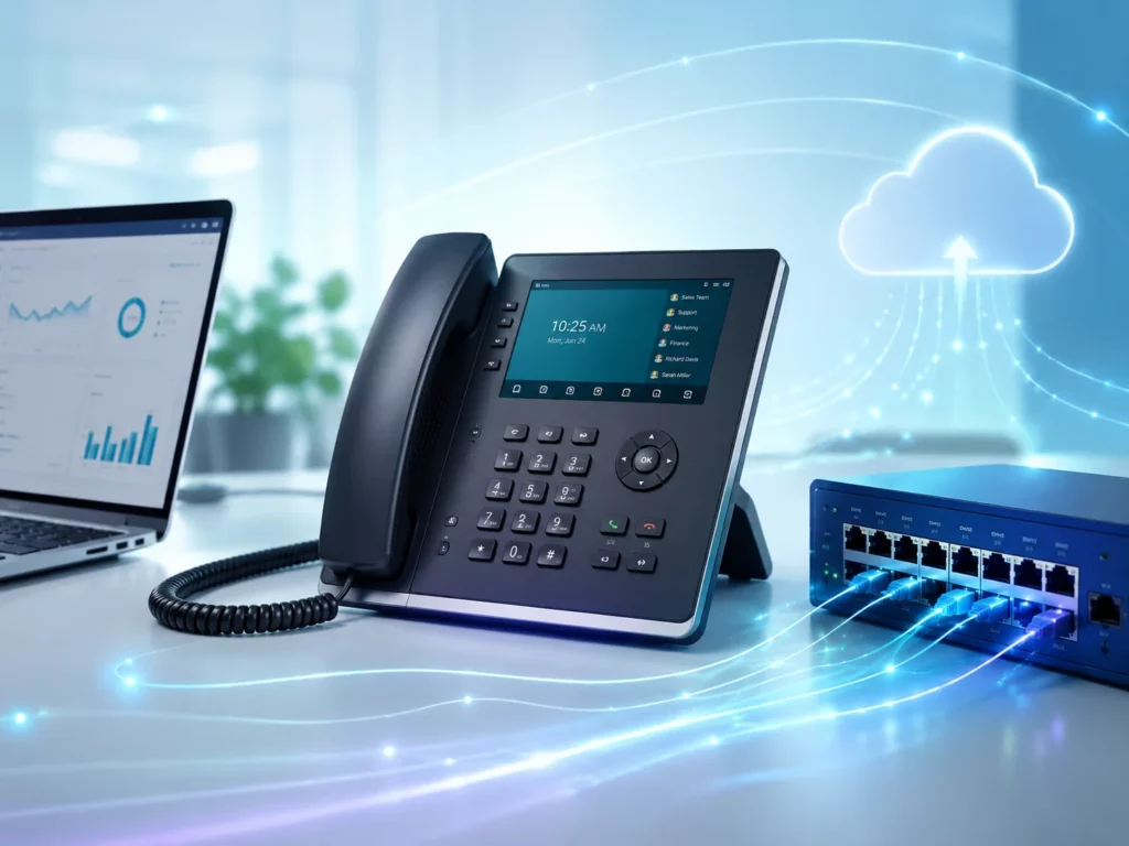 Téléphone IP connecté au cloud et au réseau d’entreprise par Trunk SIP.