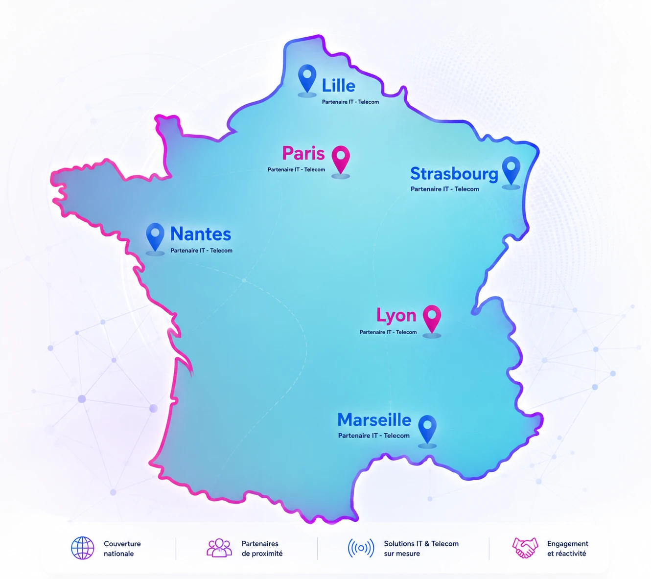 Carte des points de contact ITS PLUS à Lille, Paris, Strasbourg, Nantes, Lyon et Marseille.