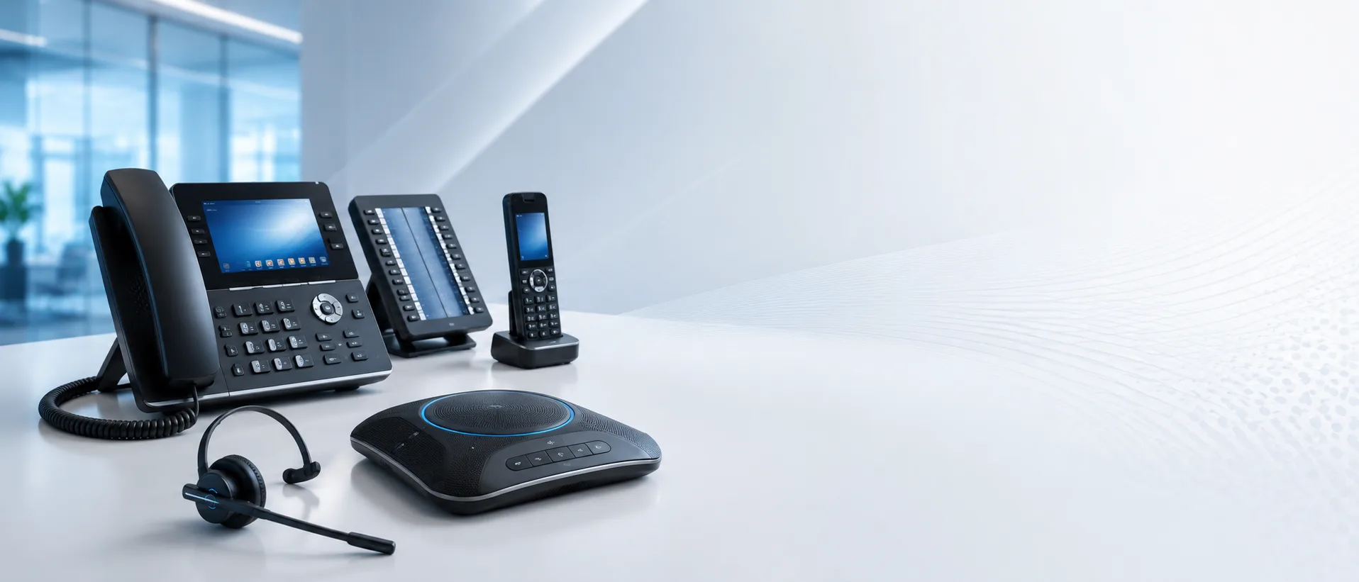 Équipements téléphoniques professionnels pour entreprise avec postes SIP, DECT, casques et pieuvres.